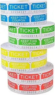 ESSENTIAL 4000 Assorted Double Raffle Tickets Set of 4 Assorted Color Printable for Leisure, Movie Watching, Entertainment