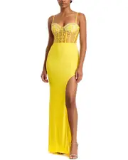 Mac Duggal Spaghetti Strap Beaded Sheer Bodice Gown