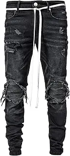 [Generic] Men's Slim Ripped Design Biker Pants Classic Distressed Skinny Lightweight Pant Regular Pocket Denim Jeans, Black, 3X-Large