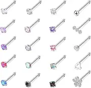[Sanfenly] 20 Pcs 20G Nose Rings Surgical Stainless Steel Nose Stud Set Diamond Opal CZ Nostril Piercing Jewelry for Women Men Screw/Straight/L Shaped Nose Studs Multicolor