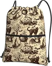 EdWal Witch Hat Print Drawstring Backpack Gym Bags Sports Bags With Zipper Pocket For Travel Beach, Black, One Size