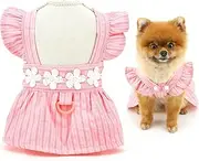 Dog Dress for Small Dog Girls Striped Pet Strap Dress with D-Ring and Embroidery Floral Summer Clothes Breathable Puppy Harness Skirt (M, Pink)