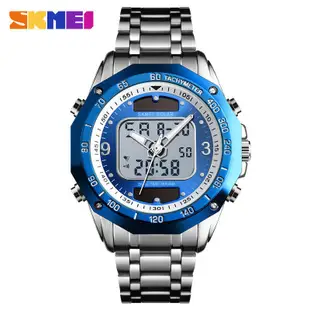 Skmei 手錶 運動手鋼帶 太陽能雙顯手錶 保固 送貼盒 防水/抗刮 潮段班 男錶 電子錶 運動錶 夜光 GMT兩地時