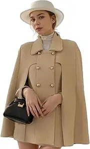[Chartou] Women's Elegant Poncho Double-Breast Slit Sleeve Flowy Wool Blend Cape Cloak Coat
