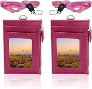 Modixun 2 Pack Leather Badge Holder with Zipper Pocket, Badge Holder Wallet with Lanyard, ID Card Sleeve, 4 Card Slots and 1 Zipper Pocket, Rose Red