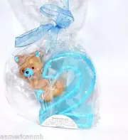 Baby Boy 2nd Second Birthday Candle Number Two #2 Cake Topper Blue Teddy Bear