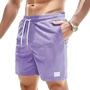 [JEShifangjiusu] Men's Side Pockets Drawstring Shorts Elastic Waist Cargo Straight Pants Short Wide Leg Pants, Purple A1, M