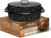 Millvado Roasting Pan with Lid, Turkey Roaster Pan, Extra Large 20 lb Capacity, 19" Granite Oven Roaster Oval Shaped Speckled Enamel on Steel Cookware