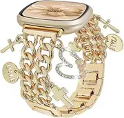 [REALSIGN] Stylish Cuban Chain Band Compatible with Fitbit Sense 2/Sense/Versa 4/Versa 3 for Women,Metal Wristband with Cute Charms Pendants Bracelet Replacement Smartwatch Strap