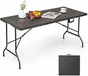 Costway 1.5m Folding Picnic Table, Outdoor Dining Table w/Wood Grain HDPE Tabletop, Sturdy Metal Fame, Non-Slip Foot Pads, 4-6 Person Camping Table for Patio Garden Deck Yard
