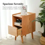 Solid Oak Wood Nightsatnd with One Drawer & Open Shelf, Mid Century Modern