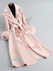 Double-sided Cashmere Coat Women's Fox Fur Collar Rhinestone Wool Fur Coat Sz