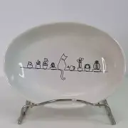 Cat Ceramic Food Bowl Water Dish SILLY KITTY & CACTUS Oval White New