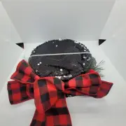 Christmas Tree Topper Hat for Xmas Sequins Red Black Buffalo Plaid Ribbon Pine
