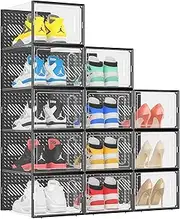 eWonLife X-Large Shoe Organizer with Magnetic Door, 12 Pack Clear Plastic Stackable Shoe Storage Box, Shoe Case Containers for Closet, Entryway, Interlock Sideways Shoe Rack, Fit up to Size 12, Black