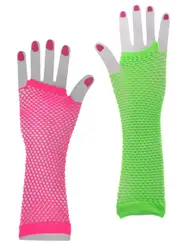 Long Neon Green and Pink 80s Fishnet Costume Gloves