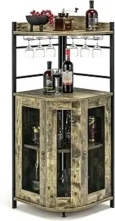 Giantex Corner Bar Cabinet with Glass Holder, Industrial Wine Cabinet with Metal Mesh Doors & Adjustable Shelf, Buffet Cabinet with Anti-tip Kit for Home Kitchen Dining Room Bistro, Rustic Brown