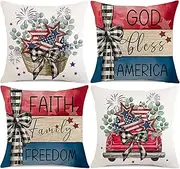 4th of July Pillow Covers 16x16 Faith Family Freedom Independence Day Decorations America Flag Patriotic Throw Pillow Covers Memorial Day Cushion Case for Sofa Couch Set of 4