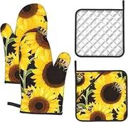 4 pcs Oven Mitts and Pot Holders Set 500°F Heat Resistant Oven Gloves and Hot Pads Kitchen Mittens Sunflower Bees Cooking Gloves Potholders for Baking Grilling