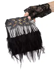 Flapper Purse Fringe Feather Trim Grey And Black Beaded Handbag Funworld