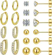 [GOGOEY] 10 Pairs Surgical Steel Earrings Sets for Multiple Piercing, Lightweight Small Huggie Hoop Earrings, Flat Back Tiny Ball CZ Stud Earrings for Cartilage, Helix, Lobe, Hypoallergenic