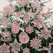 GuassLee Christmas Tree Decoration Sflake Ornaments - 42pcs Rose Gold Glitter Christmas Sflake Tree Sman Reindeer Santa Hanging Ornaments for Winter Wonderland Holiday Year Christmas Tree