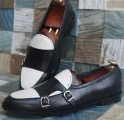Handmade Black & White Color Genuine Leather Stylish Apron Toe Monk Strap Shoes