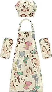 AIXIWAWA Kids Apron Chef Hat Set, Child Kitchen Bib Aprons Adjustable for Cooking Baking Painting (Cute Animals)