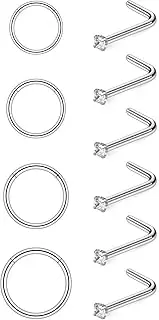 [Hoeudjo] Hinged Nose Rings Hoop Surgical Steel Cubic Zirconia Nose Studs Kit for Women Men Tiny Nose Stud L Shaped Nostril Rings Piercing Jewelry 20-18 Gauge 10 Pieces