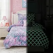 Wink Deer Twin Comforter Set for Girls-3 Pieces Mermaid Glow in The Dark Twin Bedding Sets for Kids,1 Comforter,1 Sham and 1 Decor Pillow
