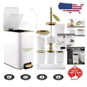Premium White and Gold Bathroom Kit – Trash Can, Toilet Brush, Soap Dispensers