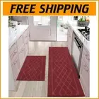 Modern Geometric Kitchen Rugs - Washable Set of 2 in Burgundy for Easy Care