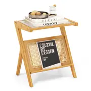 Giantex Boho Bedside Table Bamboo Nightstand Sofa Side Accent Table w/Glass Tabletop & Rattan Rack, Natural
