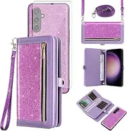 [Asuwish] Phone Case for Samsung Galaxy S23 FE 5G Zipper Wallet Detachable Cell Cover with Tempered Glass Screen Protector Crossbody Strap Bling Glitter Flip Card Holder S 23 EF S23FE 23S Women Purple