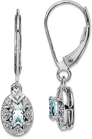 [JewelryWeb] 925 Sterling Silver Polished Leverback Diamond and Aquamarine Earrings 26x7mm Wide Dangle Earring for Women