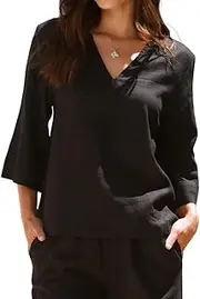 [IDEALSANXUN] Womens 3/4 Sleeve Linen Shirts Spring Summer V Neck Blouses Tunic Tops