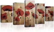 CXHOSTENT Red Poppy Canvas Wall Art 5 Panel Rustic Red Poppies Flower Pictures Floral Picture Prints Farmhouse Poster for Kitchen Home Decor (Poppy-5, 12"x20"x2, 12"x30"x2, 12"x40"x1)