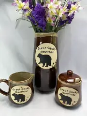 Great Smoky Mountains Brown Drip Glaze Creamer Sugar Bowl Spoon Vase