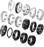 [IRONBOX] 16Pcs Stainless Steel Band Rings for Men Women Fidget Rings for Anxiety Cool Spinner Chain Rings Weddings Promise Band Rings Mens Rings Pack