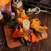 Halloween Candle Ring Wreath with Maple Leaves and Roses, Table Centerpiece Decoration, Party Decor Accent