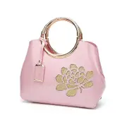 Nevenka Women Handbag Leather Flower Pattern Satchel Charm Glossy Metal Grip Shoulder Bag-Pink