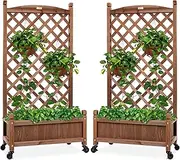 Best Choice Products Set of 2 48in Wood Planter Box & Diamond Lattice Trellis, Mobile Outdoor Raised Garden Bed for Climbing Plants w/Drainage Holes, Optional Wheels - Walnut
