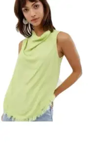 BNWT, ASOS WHITE Sleeveless Fringe Hem Cowl Neck Top, Green, Size XS (RRP $80)