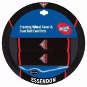 84690 ESSENDON BOMBERS AFL CAR STEERING WHEEL COVER & SEAT BELT COMFORTS PAD