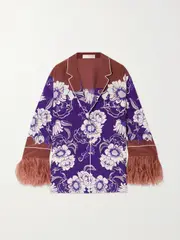 [Valentino Garavani] Valentino Garavani - Feather-trimmed Printed Silk Crepe De Chine Shirt - Purple - IT40 IT 40 Purple