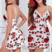 Sexy Women's Full Slip Nightdress Floral Dress V-neck lace Sleepwear G-string US