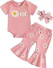 [Xeadoffubio] 3 Pcs Toddler Baby Girl Birthday Outfits One Letter Embroidery Long/Short Sleeve Romper with Floral Pattern Long Pants Headband Baby Girl Birthday Clothes Set