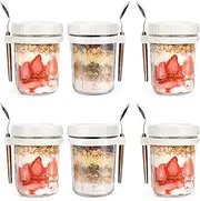 TOMVAES 6 Pack Overnight Oats Jars with Lids and Spoons, 10oz/350ml Glass Mason Airtight Jars Reusable Jars with Measurement Marks for Cereal, Yogurt, Milk, Vegetable,Salad (White)