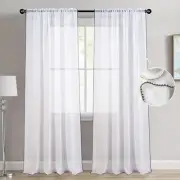 Faux Linen Textured White Sheer Curtains with Black Embroidery, 2 Panels 34 × 84