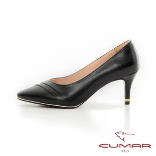 【CUMAR】桃口壓褶金屬沿條高跟鞋-黑色